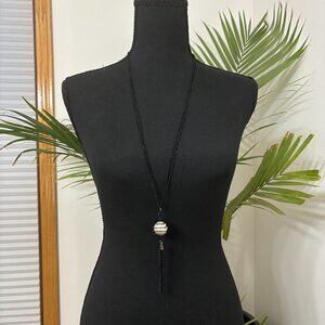 *NEW* Faux Pearl Caged in Black Square Pendant Long Body Necklace
